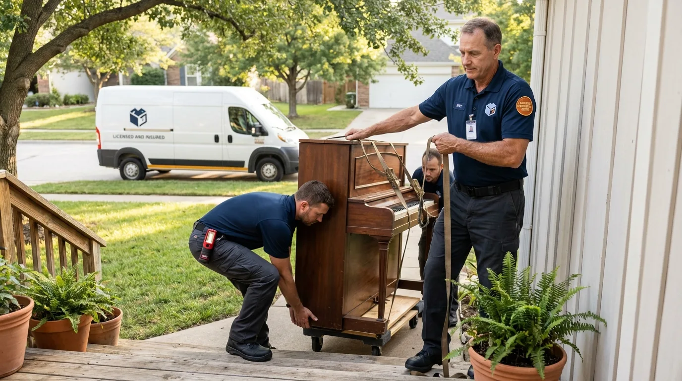 Licensed piano movers securing grand piano in New Vienna, OH