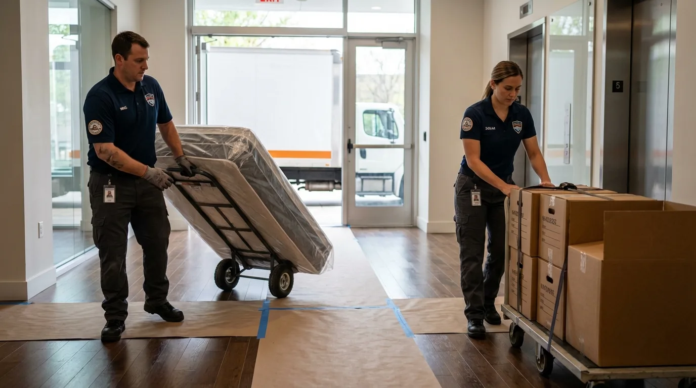 Professional apartment movers loading elevator in New Vienna, OH