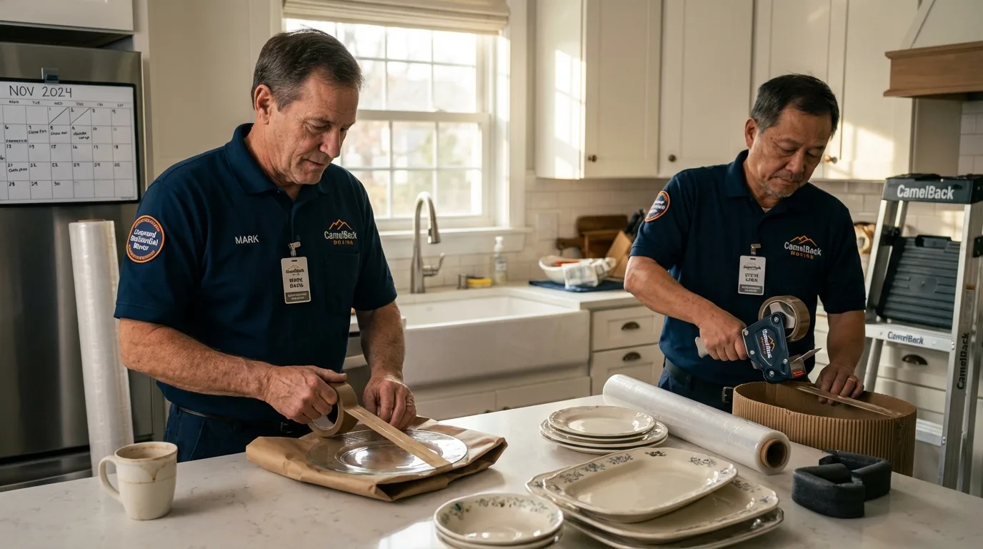 Professional crew packing kitchen dishware in New Vienna, OH